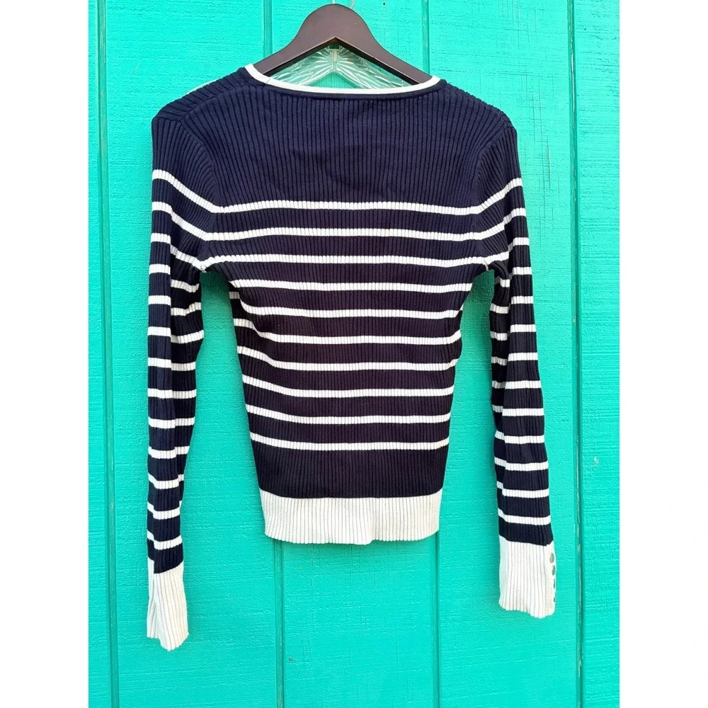 Striped Ribbed Knit Long Sleeve Top Nautical Button‎ Detail Navy White L